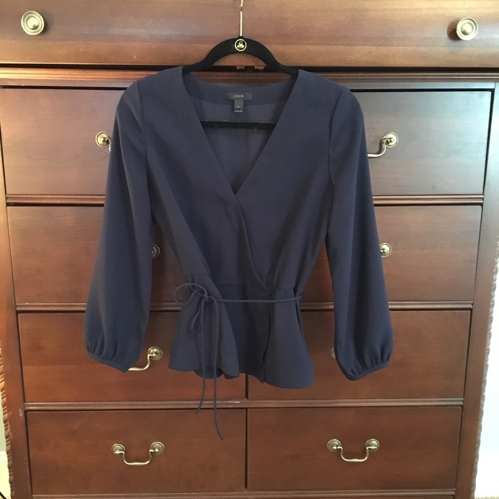 J. Crew Navy Blue Wrap Top Shirt Blouse tie waist, classic, office work casual.